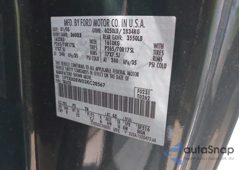 2003 Ford F-150 Lariat/Xl/Xlt z USA, uszkodzony, nr VIN 1FTRX08W03KC28567